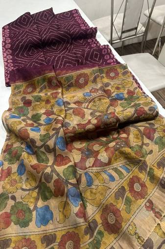 Plum Color Printed floral pallu Work  Linen Cotton Saree