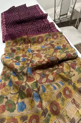 Plum Color Printed floral pallu Work  Linen Cotton Saree