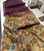 Plum Printed Floral Pallu Work Linen Cotton Saree