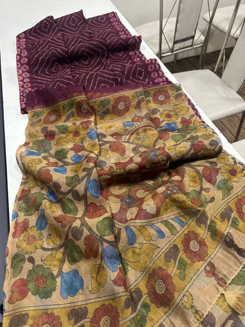 Plum Color Printed floral pallu Work  Linen Cotton Saree