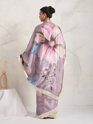 Purple floral print silk ethnic causal wear saree with blouse 2