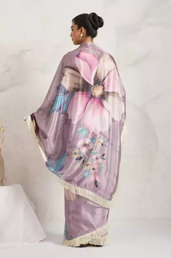 Purple floral print silk ethnic causal wear saree with blouse