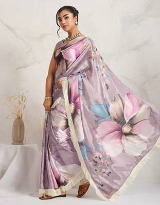 Purple floral print silk ethnic causal wear saree with blouse 3