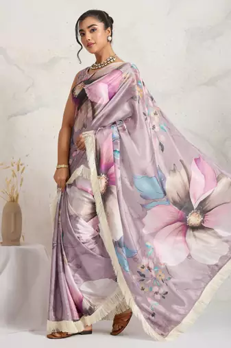 Purple floral print silk ethnic causal wear saree with blouse