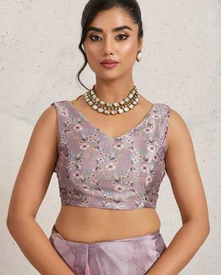 Purple floral print silk ethnic causal wear saree with blouse 5
