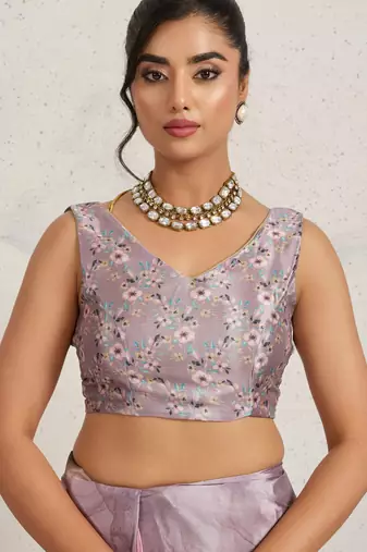 Purple floral print silk ethnic causal wear saree with blouse