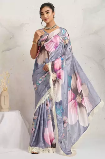 Grey  floral print silk ethnic causal wear saree with blouse