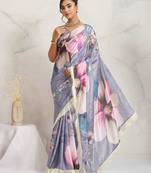 Grey  floral print silk ethnic causal wear saree with blouse