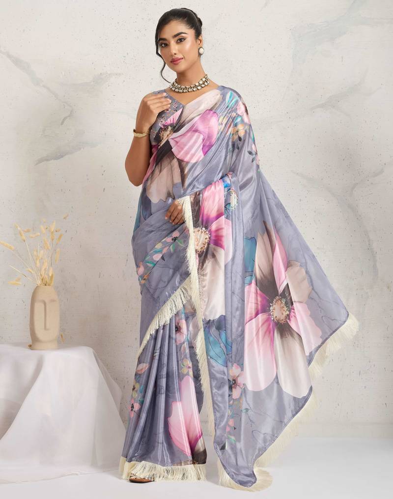 Grey  floral print silk ethnic causal wear saree with blouse