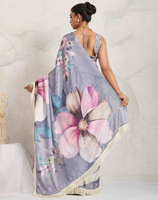 Grey  floral print silk ethnic causal wear saree with blouse 2