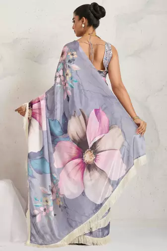 Grey  floral print silk ethnic causal wear saree with blouse