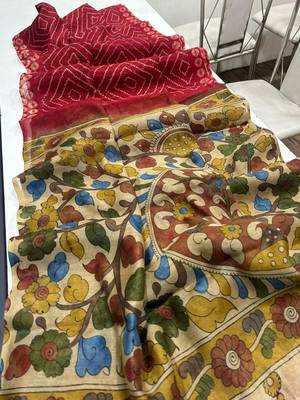 Red Color Printed floral pallu Work  Linen Cotton Saree 1