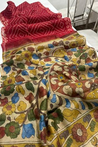 Red Color Printed floral pallu Work  Linen Cotton Saree