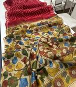 Red Color Printed floral pallu Work  Linen Cotton Saree