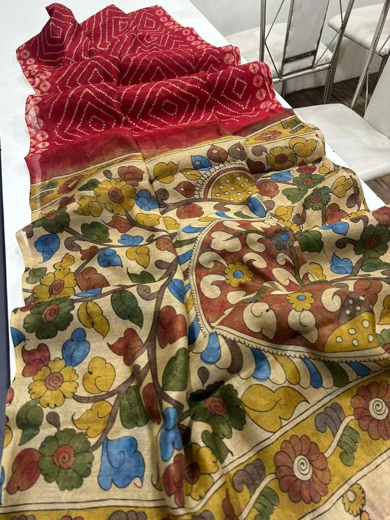 Red Color Printed floral pallu Work  Linen Cotton Saree