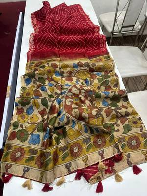Red Color Printed floral pallu Work  Linen Cotton Saree 2