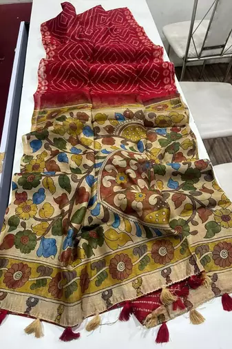 Red Color Printed floral pallu Work  Linen Cotton Saree