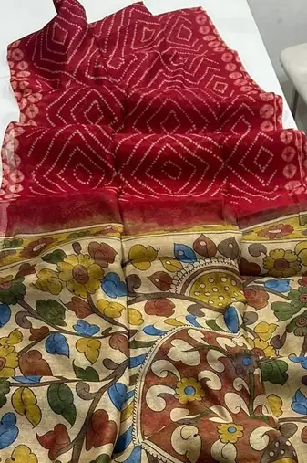 Red Color Printed floral pallu Work  Linen Cotton Saree