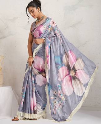 Grey  floral print silk ethnic causal wear saree with blouse 3