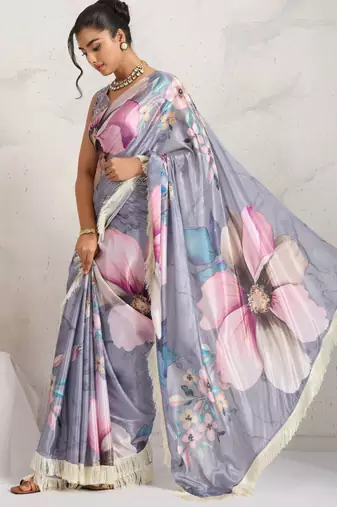 Grey  floral print silk ethnic causal wear saree with blouse