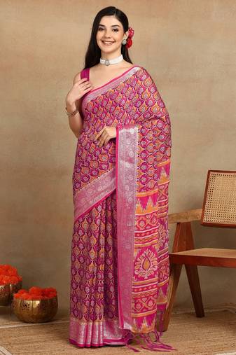 Mirchi fashion block print georgette saree with unstitched blouse piece (green)