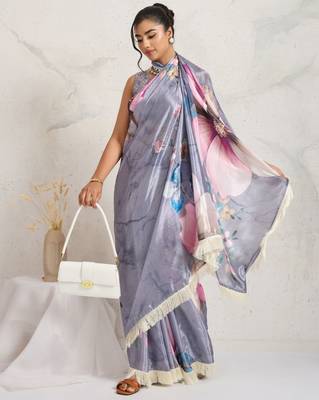 Grey  floral print silk ethnic causal wear saree with blouse 4