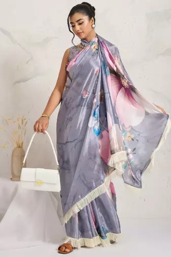 Grey  floral print silk ethnic causal wear saree with blouse