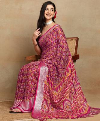 block print georgette saree with unstitched blouse piece (green) 2