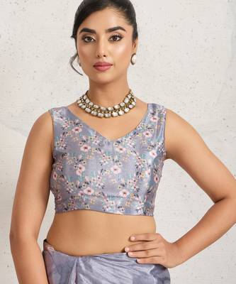 Grey  floral print silk ethnic causal wear saree with blouse 5