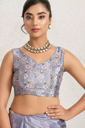 Grey  floral print silk ethnic causal wear saree with blouse