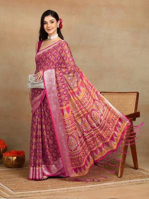 block print georgette saree with unstitched blouse piece (green) 3
