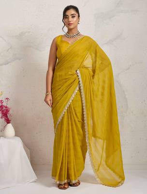 Yellow solid colour cotton silk ethnic causal wear saree with blouse 1