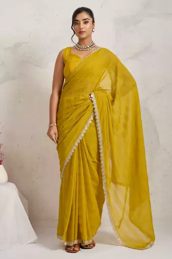 Yellow solid colour cotton silk ethnic causal wear saree with blouse