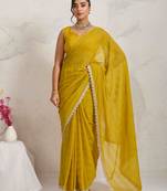 Yellow solid colour cotton silk ethnic causal wear saree with blouse