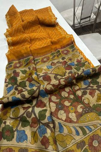 Yellow Color Printed floral pallu Work  Linen Cotton Saree