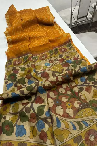 Yellow Color Printed floral pallu Work  Linen Cotton Saree