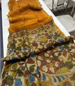 Yellow Color Printed floral pallu Work  Linen Cotton Saree
