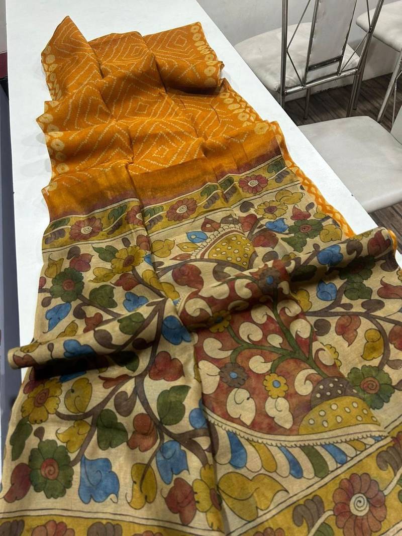 Yellow Color Printed floral pallu Work  Linen Cotton Saree