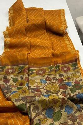 Yellow Color Printed floral pallu Work  Linen Cotton Saree 2