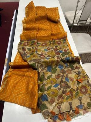 Yellow Color Printed floral pallu Work  Linen Cotton Saree 3