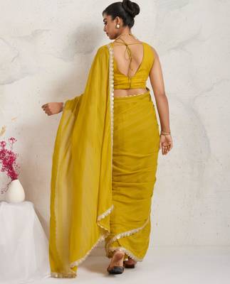 Yellow solid colour cotton silk ethnic causal wear saree with blouse 2