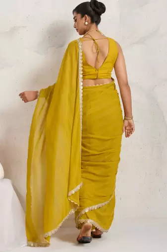 Yellow solid colour cotton silk ethnic causal wear saree with blouse