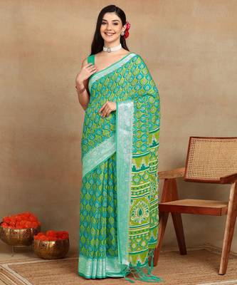 block print georgette saree with unstitched blouse piece (green) 1