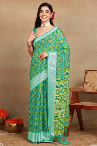 Mirchi fashion block print georgette saree with unstitched blouse piece (green)