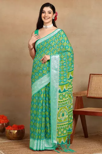 Mirchi fashion block print georgette saree with unstitched blouse piece (green)