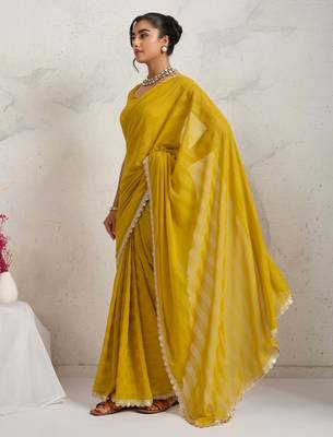 Yellow solid colour cotton silk ethnic causal wear saree with blouse 3
