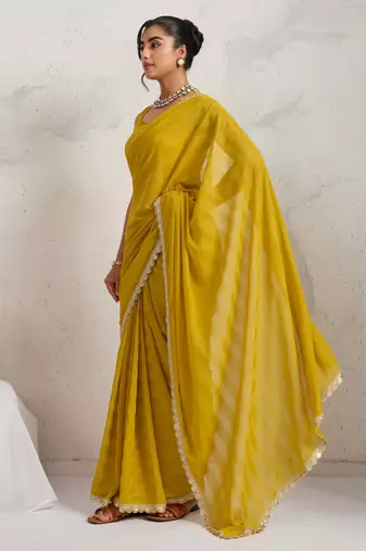 Yellow solid colour cotton silk ethnic causal wear saree with blouse