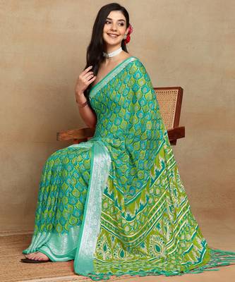 block print georgette saree with unstitched blouse piece (green) 2