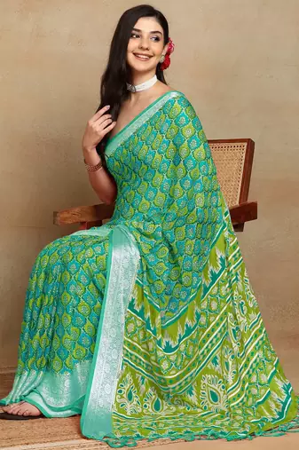 block print georgette saree with unstitched blouse piece (green)