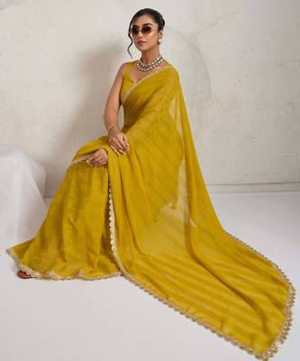 Yellow solid colour cotton silk ethnic causal wear saree with blouse 4